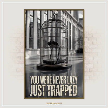 Thought-provoking design of a treadmill locked inside a birdcage, highlighting the theme of unseen restrictions, with impactful large text overlaid.