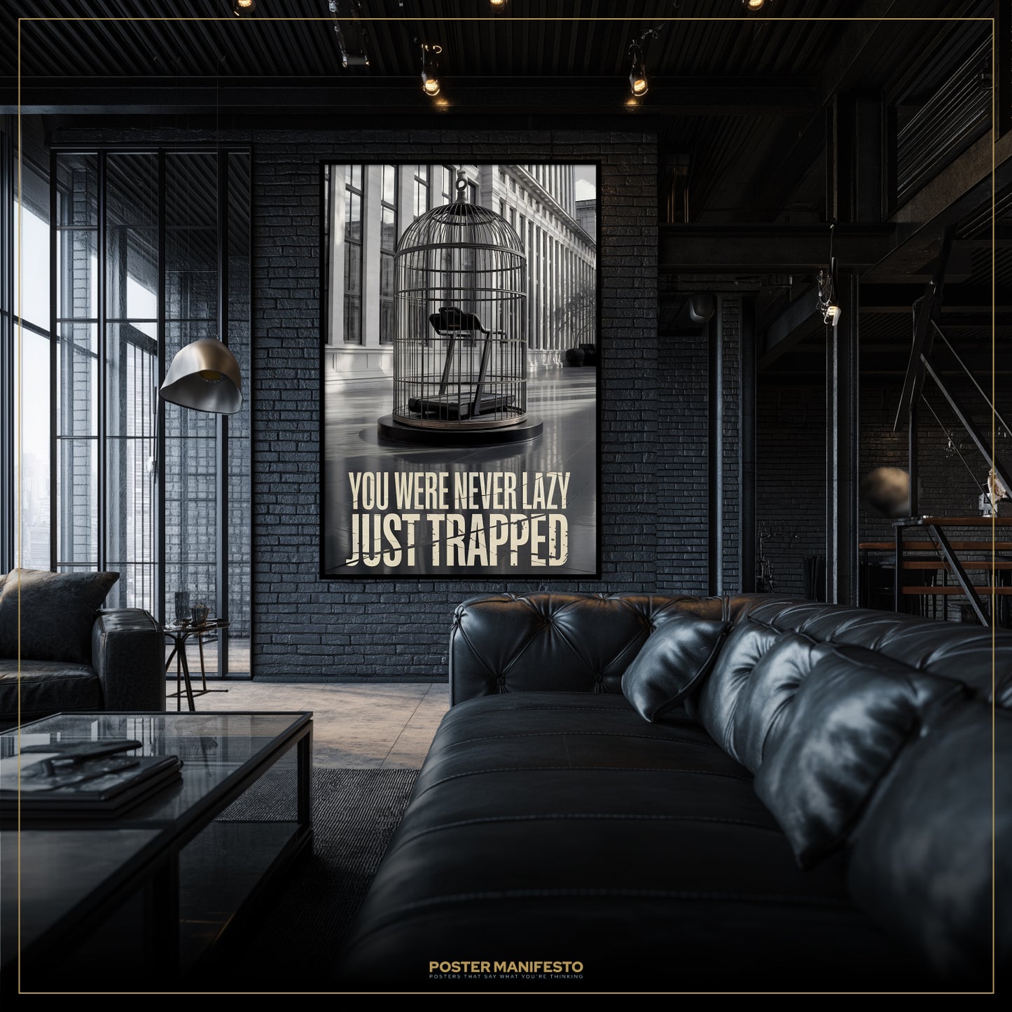Modern living room with a black leather sofa and a framed poster on the wall.