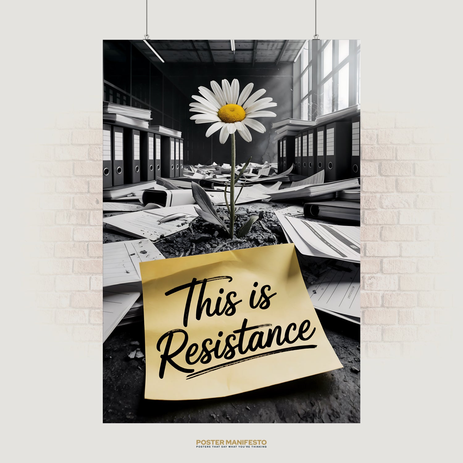 Symbolic poster of a single daisy growing through cracked office floors surrounded by scattered papers, with a yellow sticky note reading “This Is Resistance.”