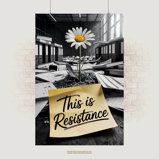 Symbolic poster of a single daisy growing through cracked office floors surrounded by scattered papers, with a yellow sticky note reading “This Is Resistance.”