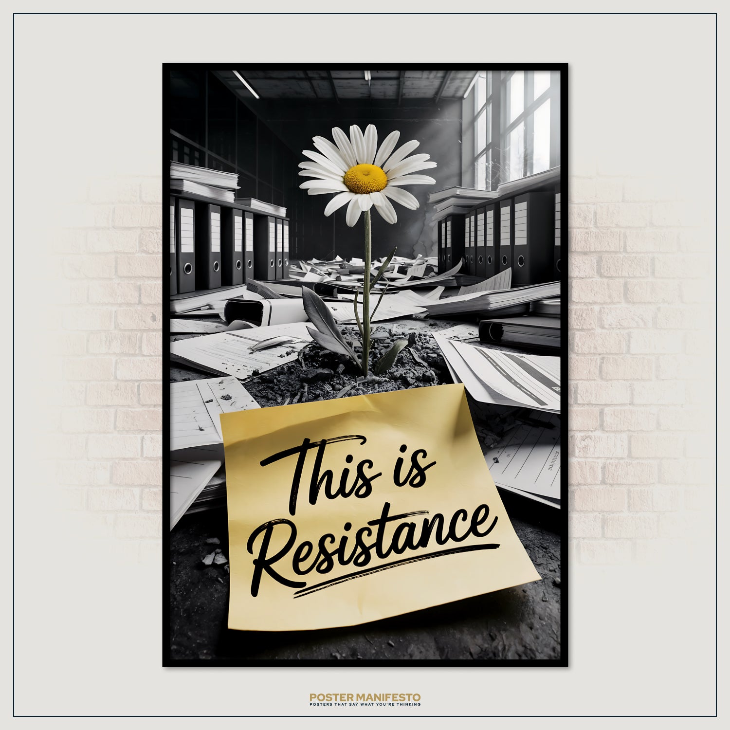 Poster with a flower and 'This is Resistance' text in an office setting
