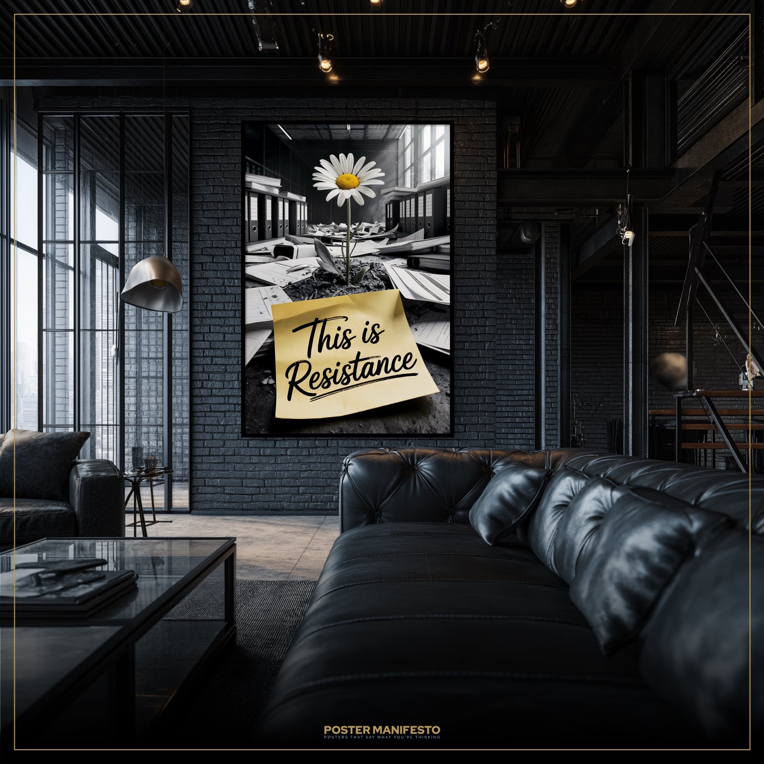 Modern interior with a black leather sofa and a framed poster on the wall.