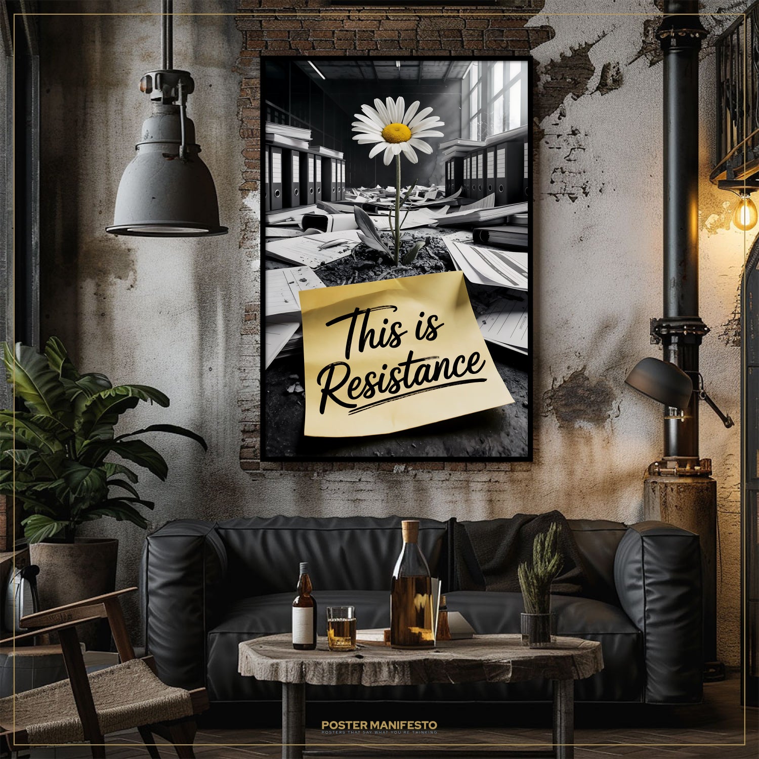 Poster with 'This is Resistance' on a wall in a stylish living room.
