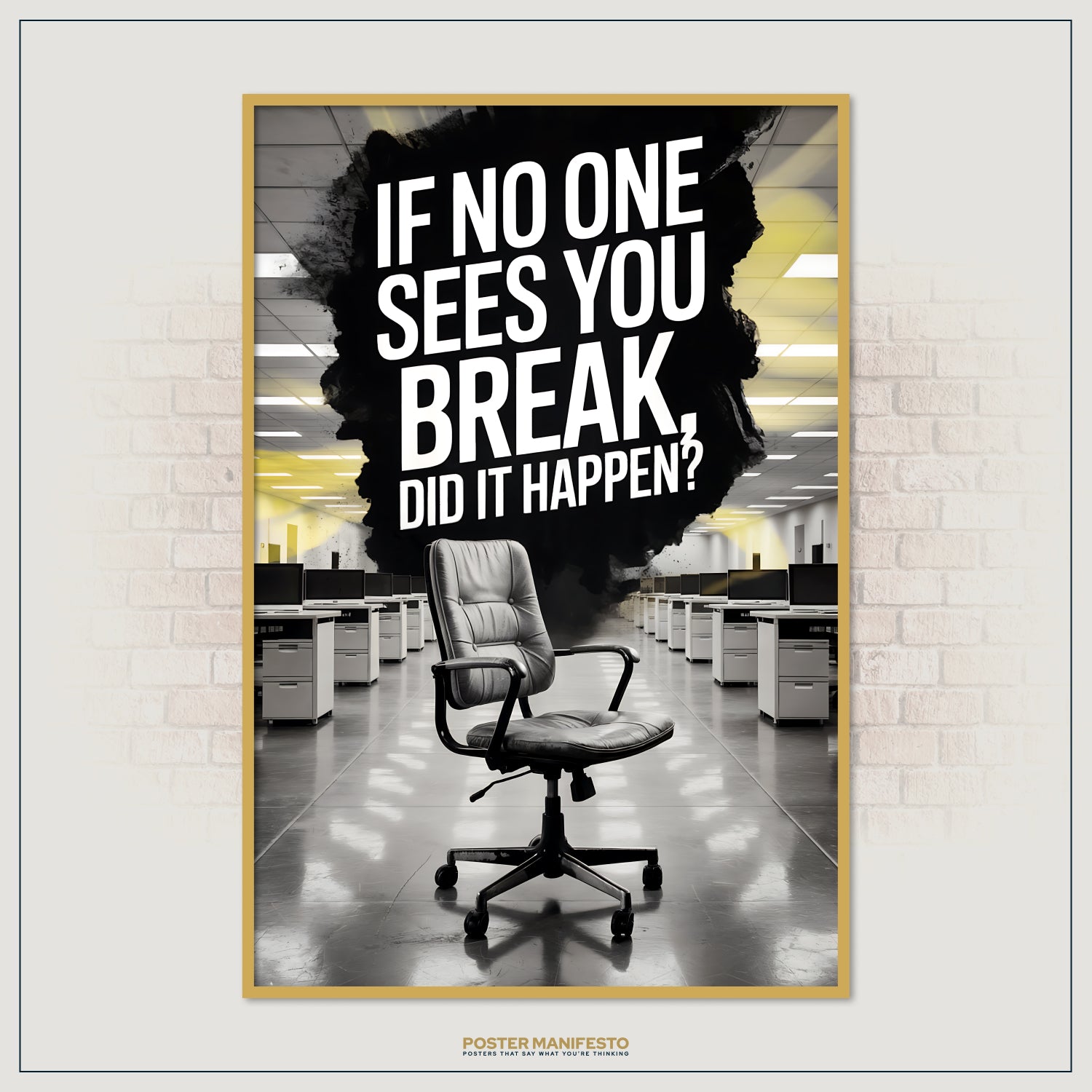 Striking workplace-themed poster showing a vacant chair in a bright office space, contrasted by dramatic typography questioning hidden emotional struggles.