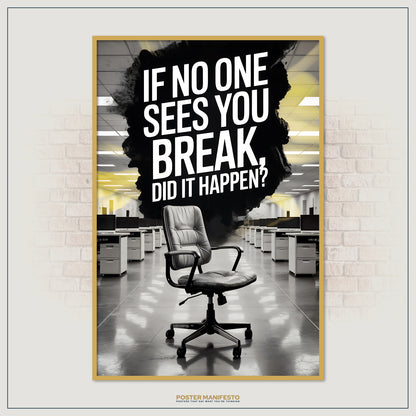 Striking workplace-themed poster showing a vacant chair in a bright office space, contrasted by dramatic typography questioning hidden emotional struggles.