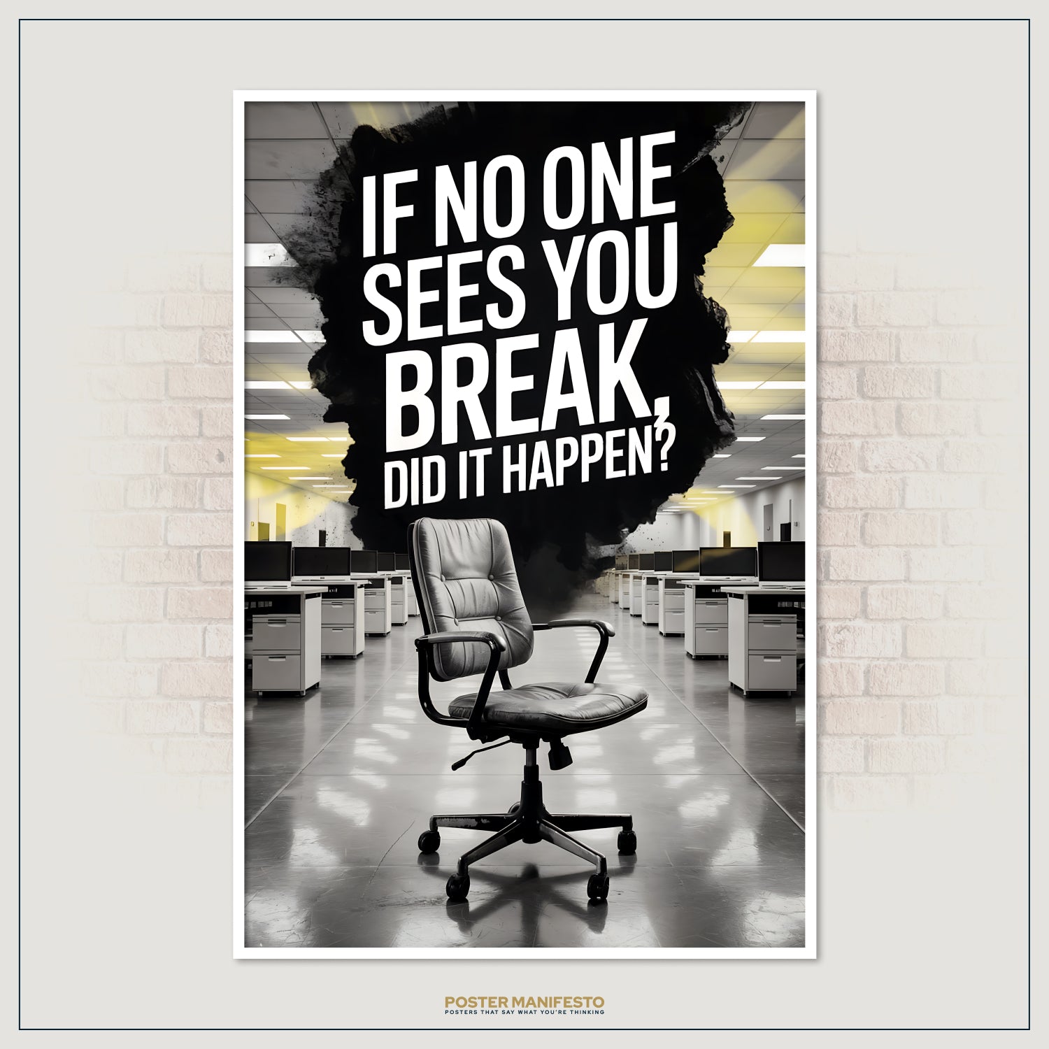 Minimal conceptual print of an empty ergonomic chair in a clean, symmetrical office, paired with a bold mental health awareness quote.