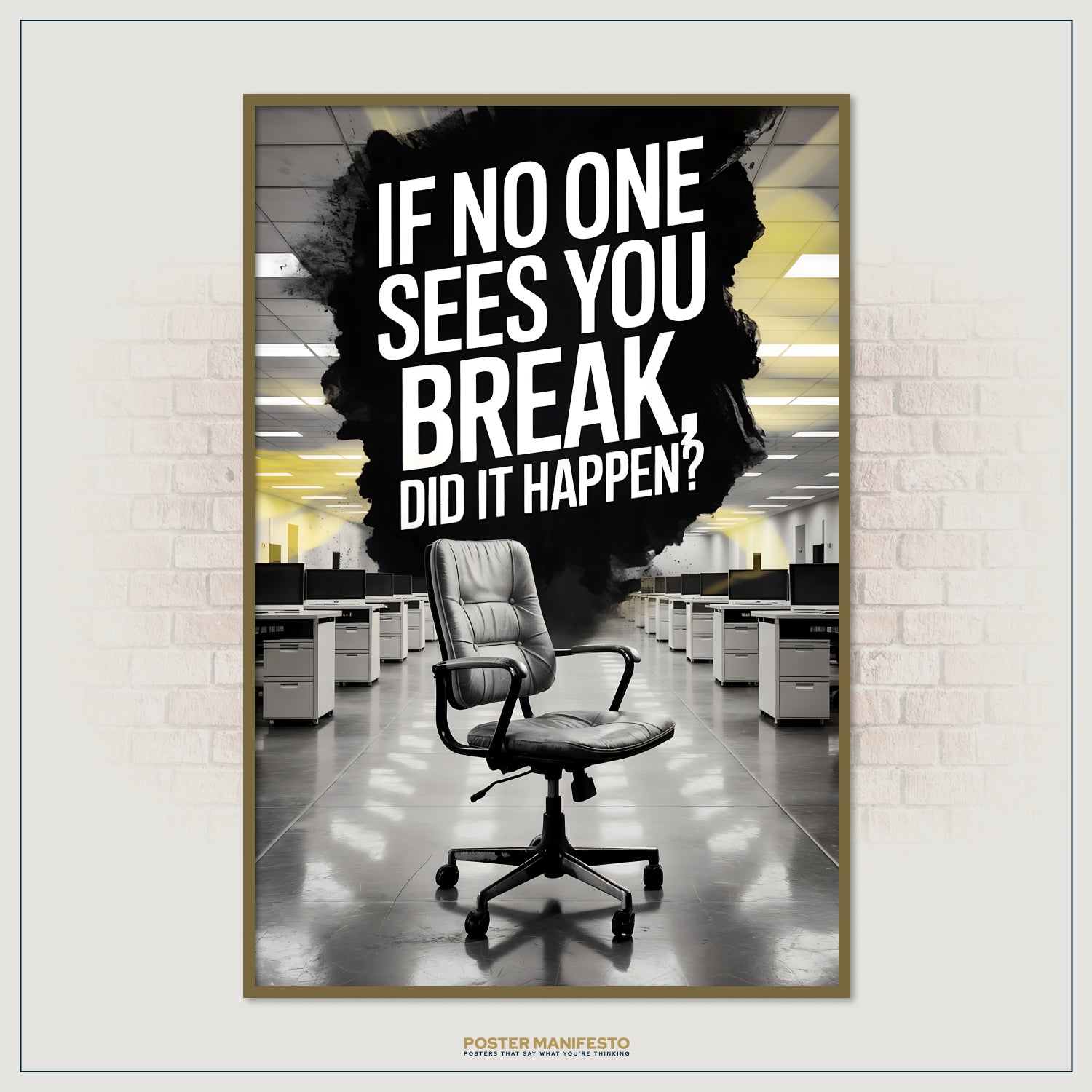 Modern interior poster highlighting burnout and unseen struggles, with a single office chair under bold statement typography against a black paint-splash design.