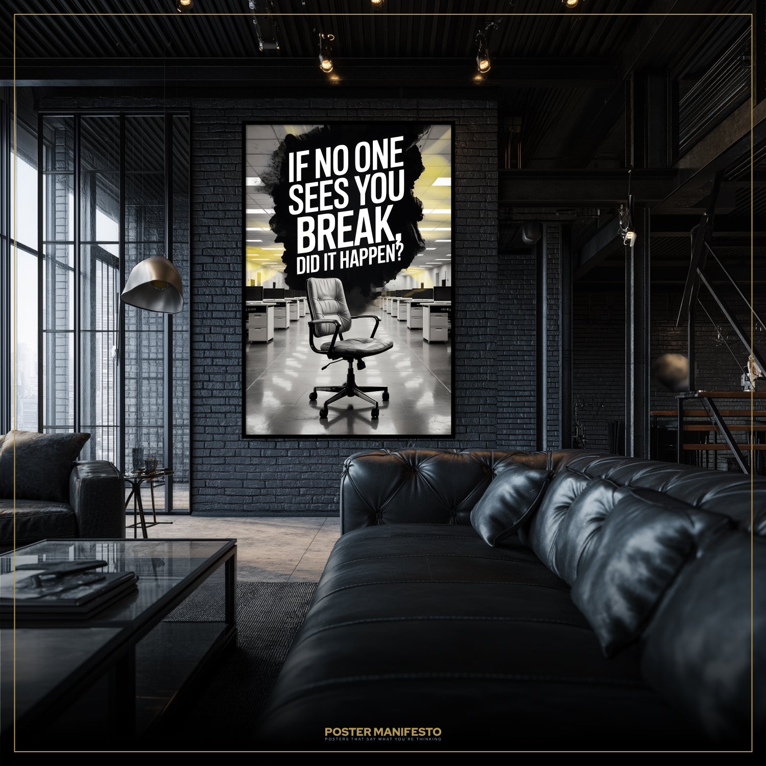 Modern interior with a motivational poster on a brick wall