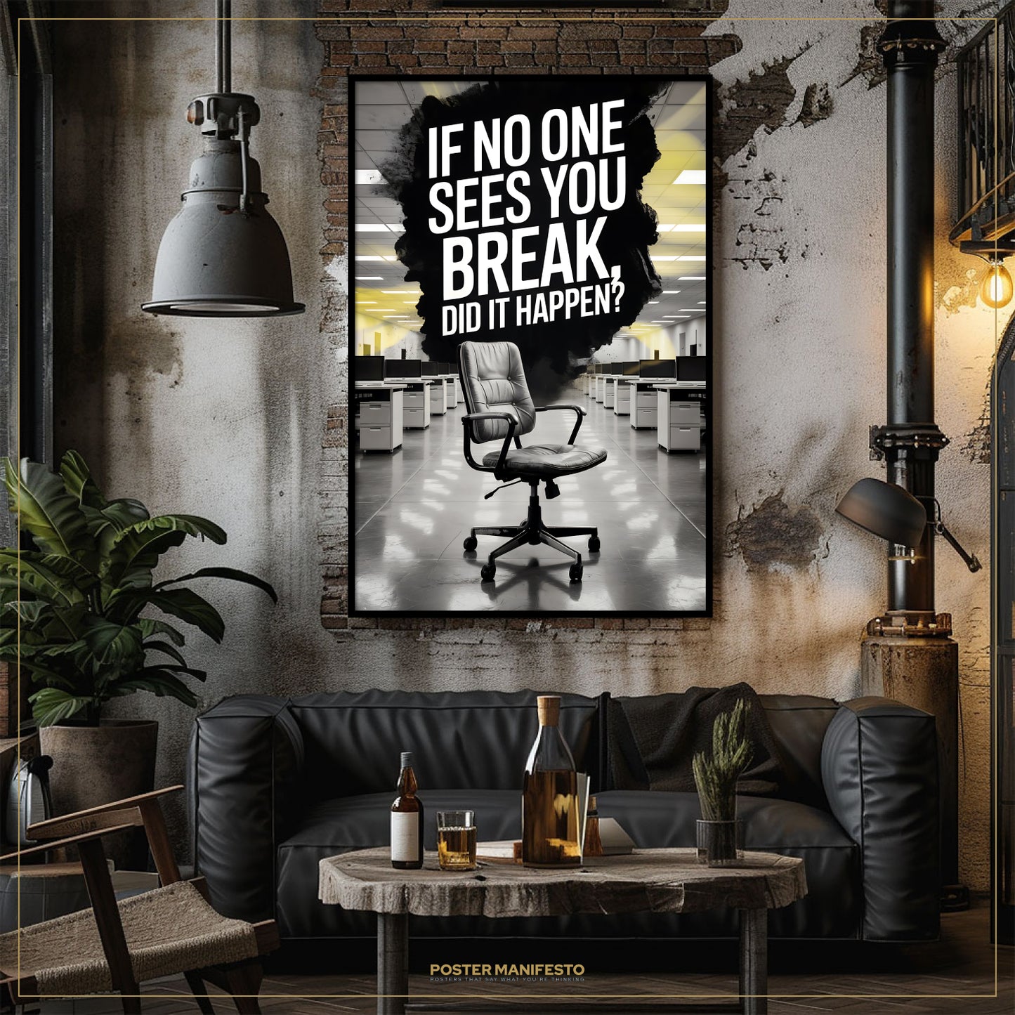 Modern interior with a black leather sofa, wooden coffee table, and a motivational poster on the wall.