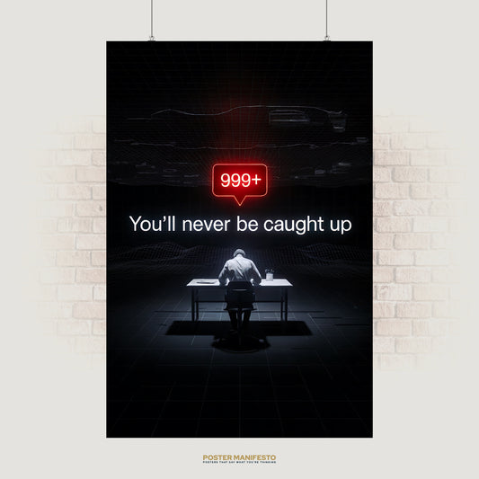 Modern conceptual poster of a lone person at a desk in a dark grid room, with a glowing red “999+” notification icon and the text “You’ll Never Be Caught Up.”