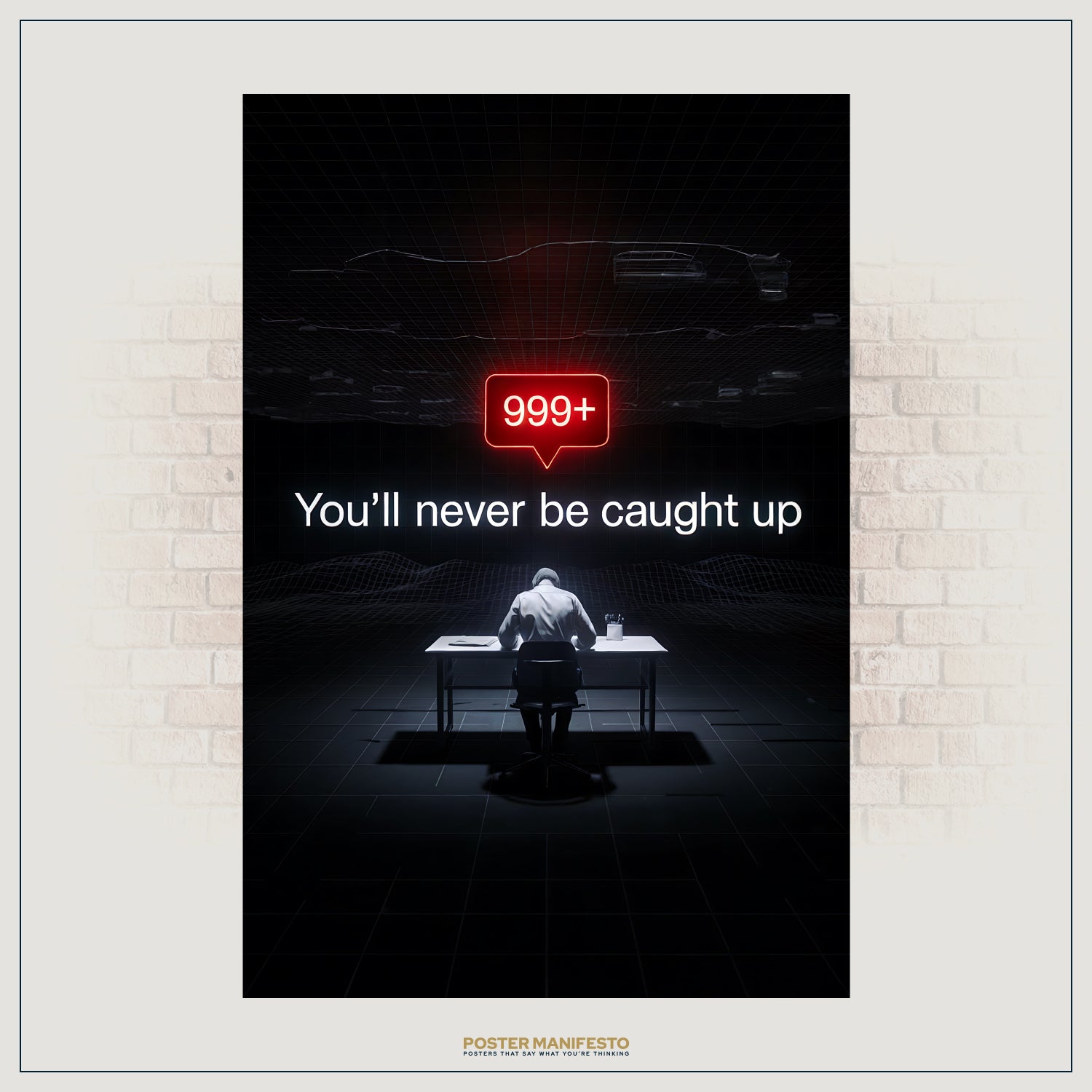 Minimalist digital overload artwork showing a figure working at a table under a red alert bubble, paired with bold white text about never catching up.