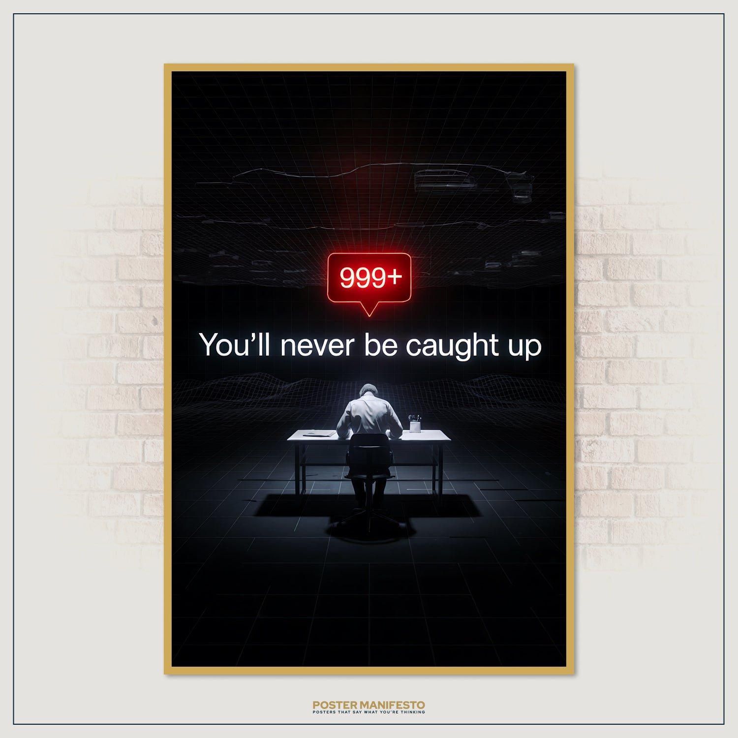 Striking tech-themed wall art depicting a person in a dark virtual space, illuminated by a large notification symbol reading “999+” above a warning phrase.