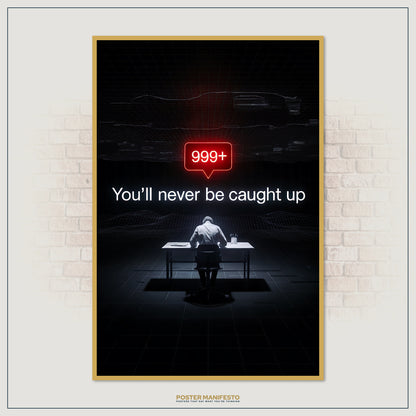 Striking tech-themed wall art depicting a person in a dark virtual space, illuminated by a large notification symbol reading “999+” above a warning phrase.