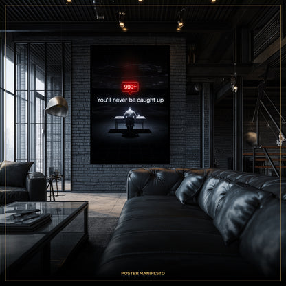 Modern living room with a dark-themed poster on the wall.