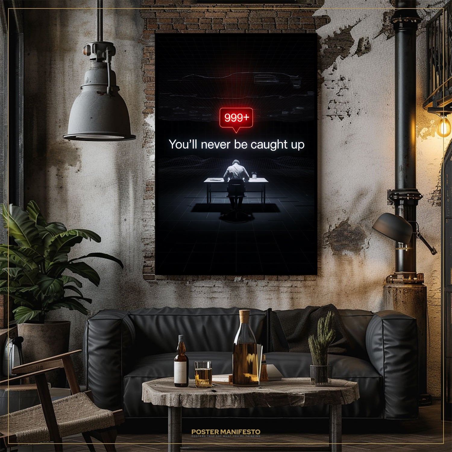 Poster with text on a wall above a couch in a room with a table and bottles.