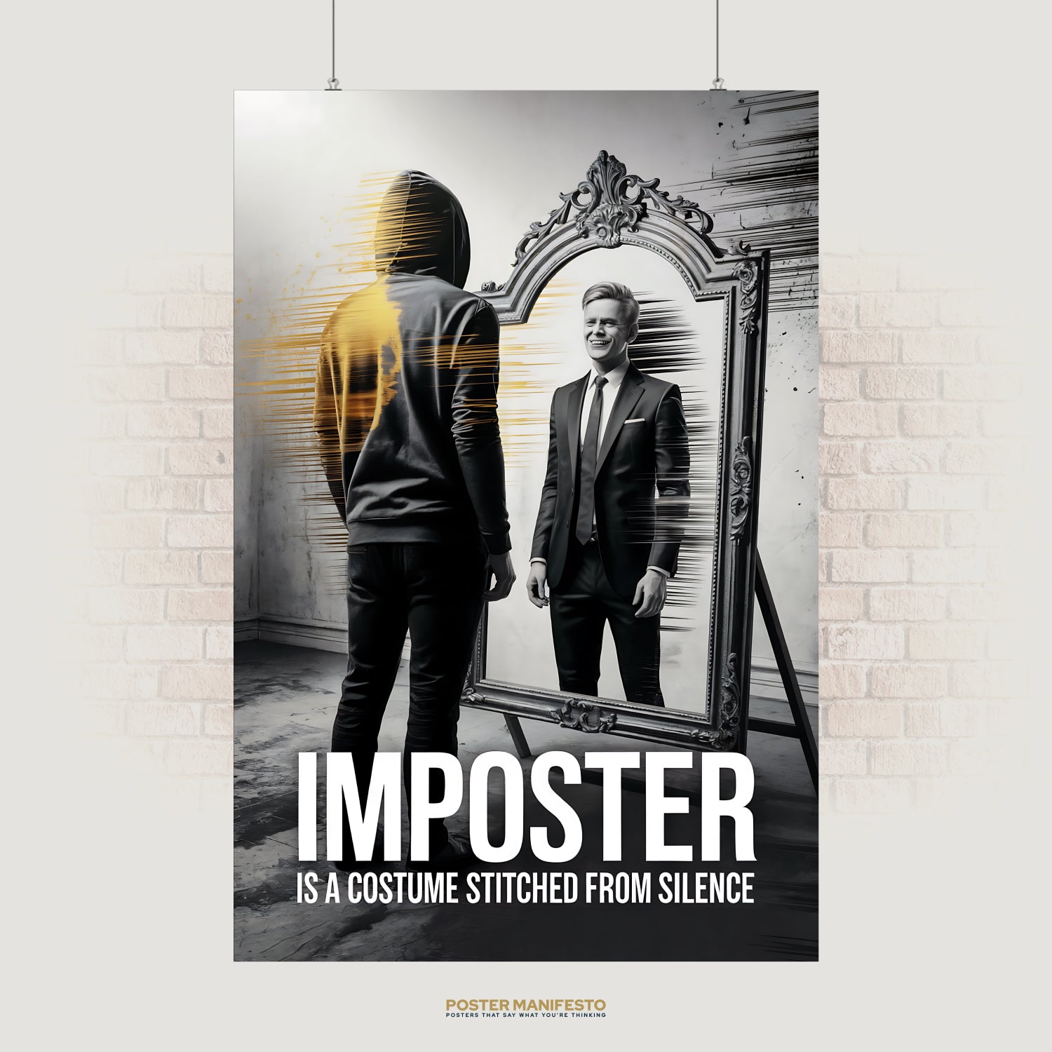 Conceptual poster of a hooded figure facing a mirror, with the reflection showing a smiling man in a suit, paired with the text “Imposter Is A Costume Stitched From Silence.”
