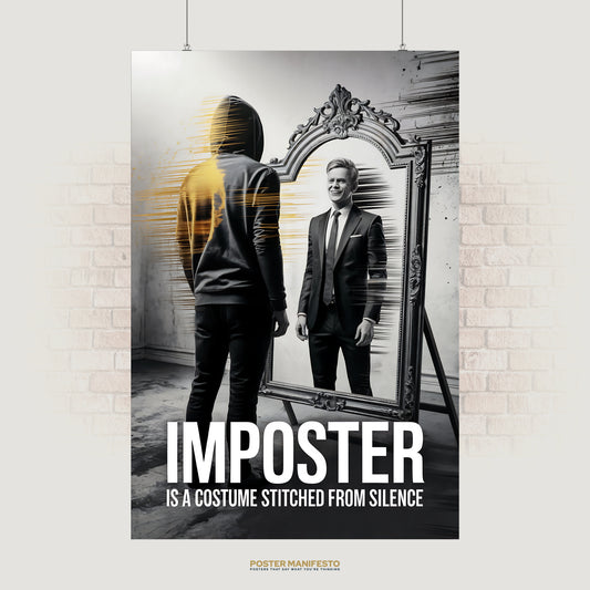 Conceptual poster of a hooded figure facing a mirror, with the reflection showing a smiling man in a suit, paired with the text “Imposter Is A Costume Stitched From Silence.”