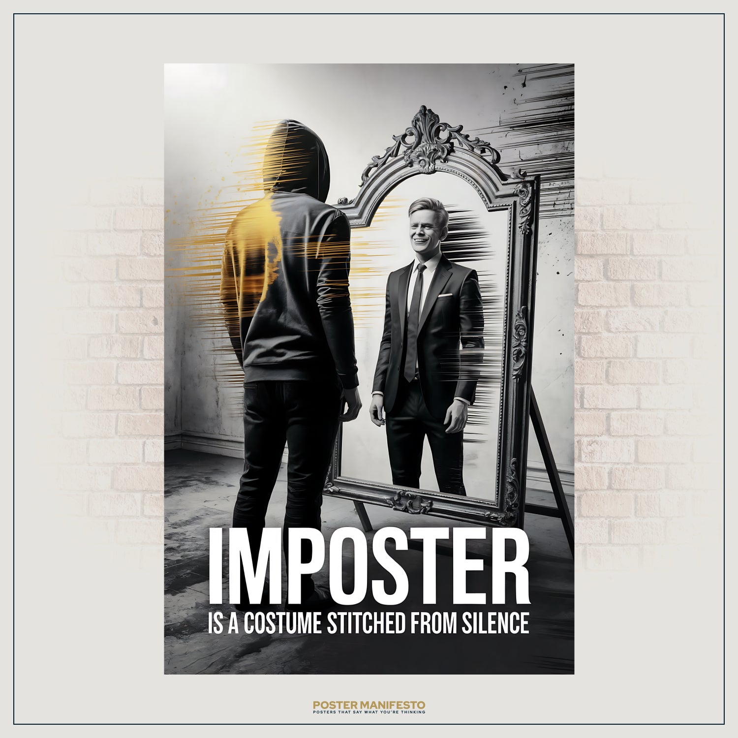 Striking identity-themed artwork of a person in casual clothes staring into a mirror that reflects a polished professional, with bold conceptual typography.