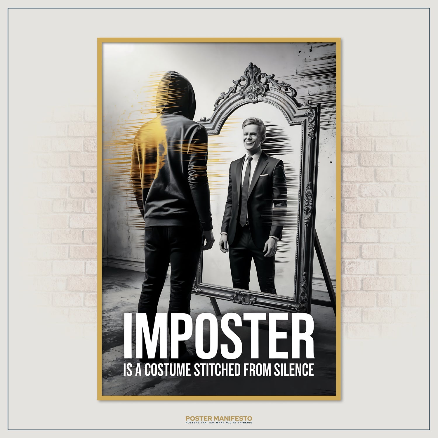 Modern wall art depicting the contrast between reality and self-image, showing a hooded figure whose reflection is a confident man in formal wear.