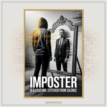 Modern wall art depicting the contrast between reality and self-image, showing a hooded figure whose reflection is a confident man in formal wear.