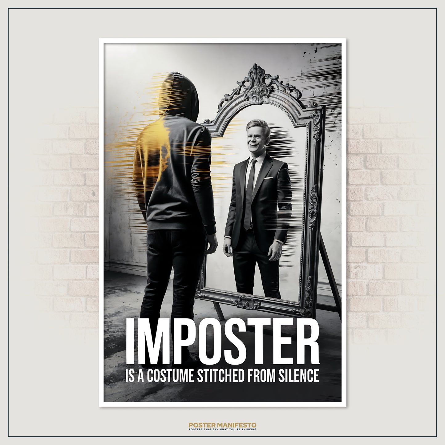 Glitch-style conceptual print of a hooded individual in a dim room looking into an ornate mirror, with a sharply dressed reflection and a bold statement about imposters.