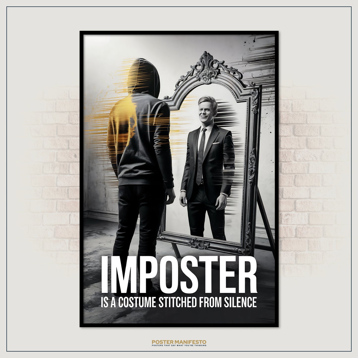 Poster of a person in a suit looking into a mirror with text 'IMPOSTER' on a brick wall background.