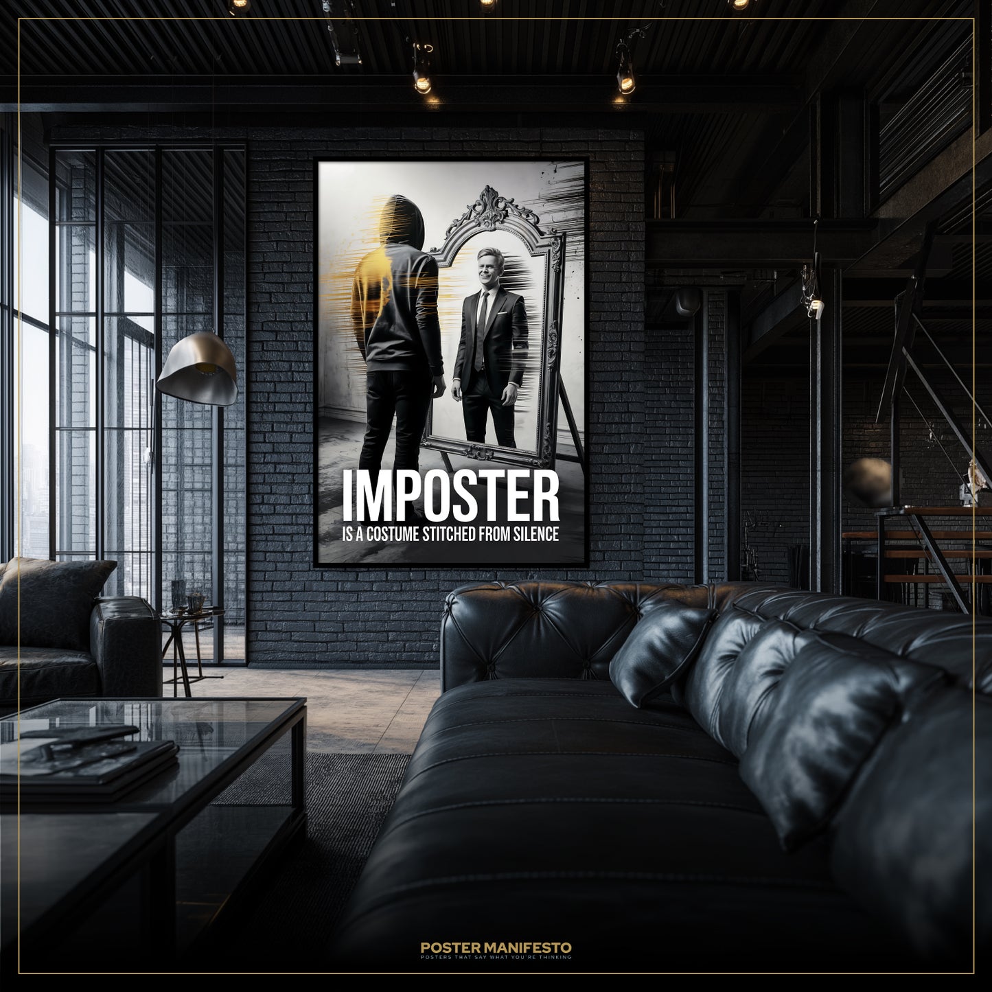 Poster of a man in a suit and hoodie with text 'IMPOSTER' in a modern living room.
