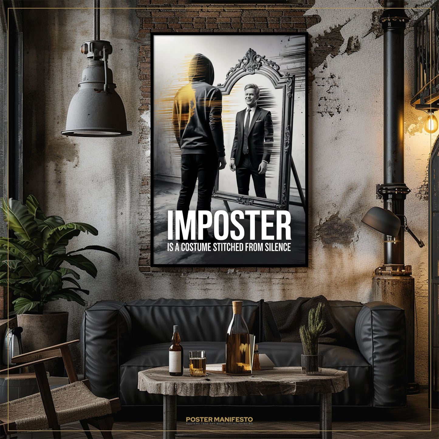 Poster of a man in a suit with 'Imposter' text in a stylish room with a couch and table.
