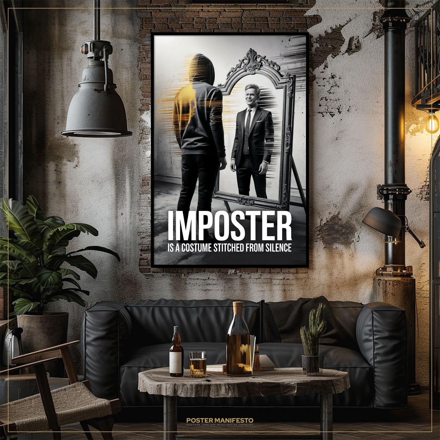 Poster of a man in a suit with 'Imposter' text in a stylish room with a couch and table.