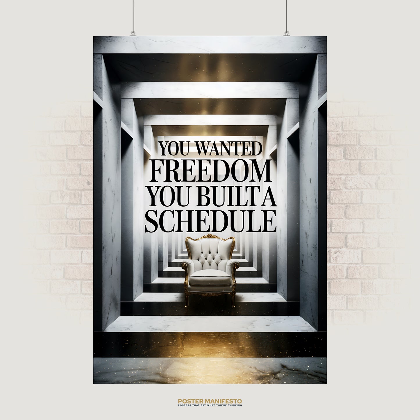 Elegant poster of a white and gold armchair in a marble tunnel with bold text reading “You Wanted Freedom You Built A Schedule,” symbolizing the irony of structure.