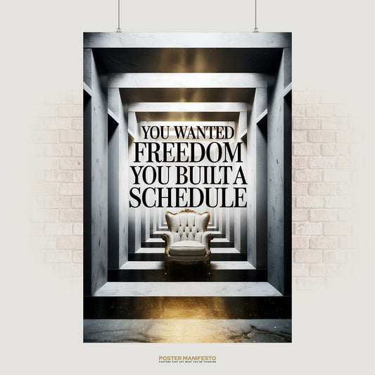 Elegant poster of a white and gold armchair in a marble tunnel with bold text reading “You Wanted Freedom You Built A Schedule,” symbolizing the irony of structure.