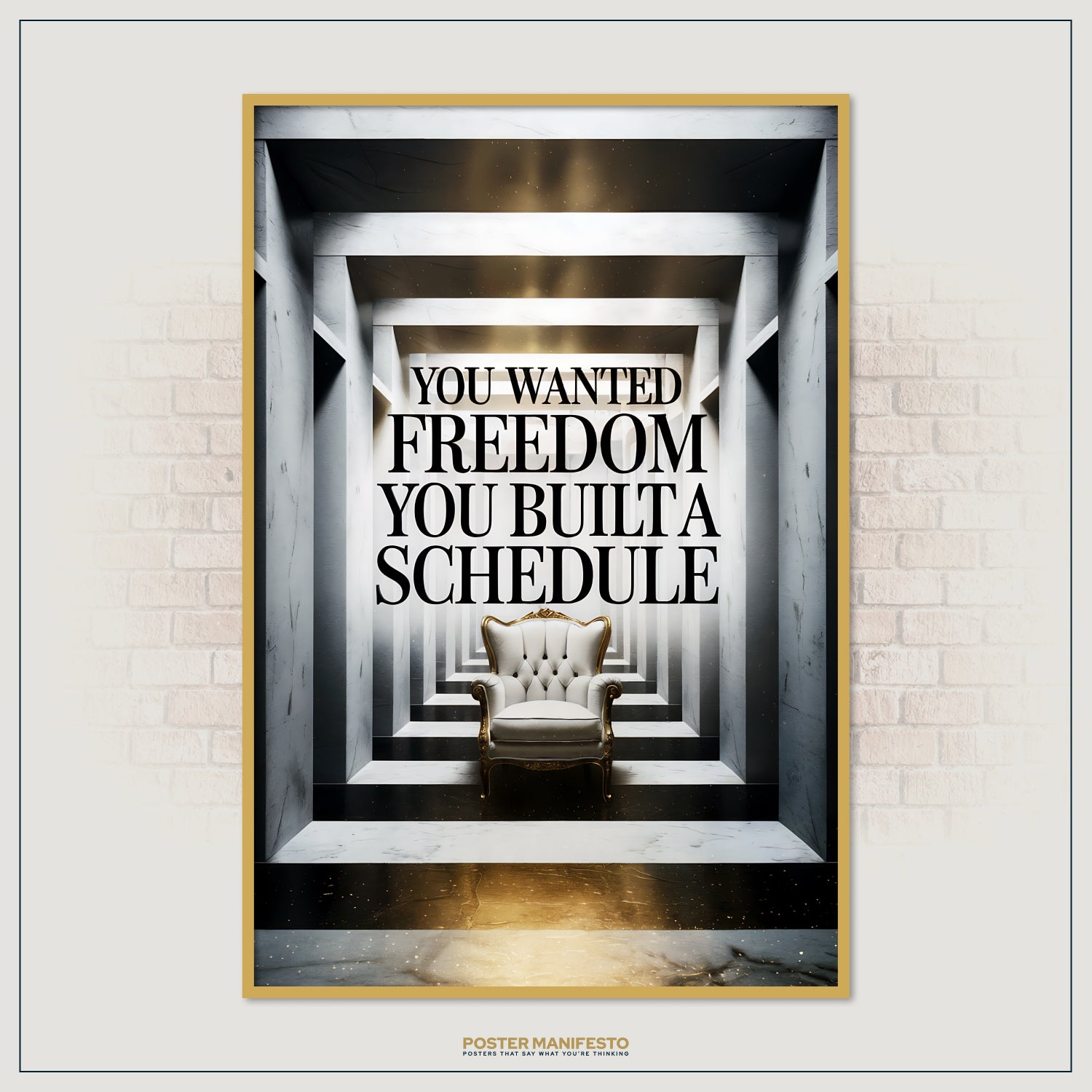 Striking minimalist artwork showing a white tufted chair framed by infinite marble arches, overlaid with an introspective quote in black letters.