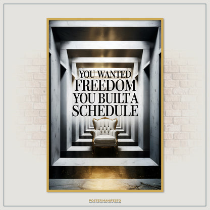 Striking minimalist artwork showing a white tufted chair framed by infinite marble arches, overlaid with an introspective quote in black letters.