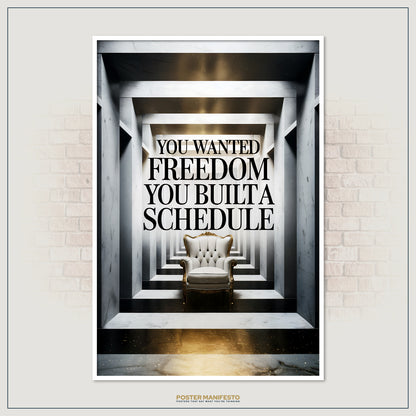 Modern philosophical poster depicting a regal armchair set within a symmetrical marble tunnel, with a statement about ambition and control.