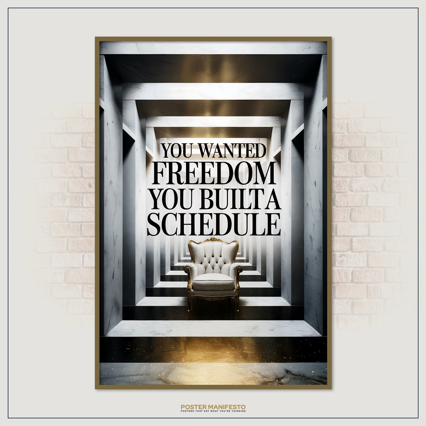 Contemporary art print combining luxury interior elements and bold typography to convey the paradox of wanting freedom but creating a schedule.