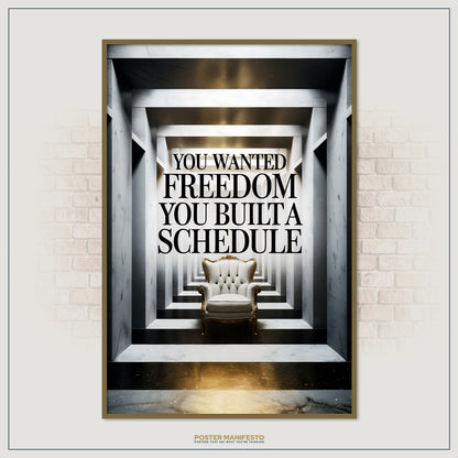 Contemporary art print combining luxury interior elements and bold typography to convey the paradox of wanting freedom but creating a schedule.