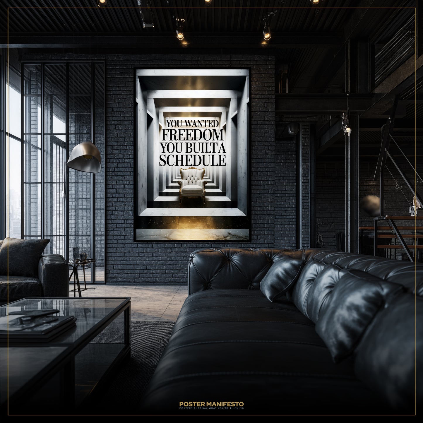 Modern living room with a black leather sofa and a motivational poster on the wall.
