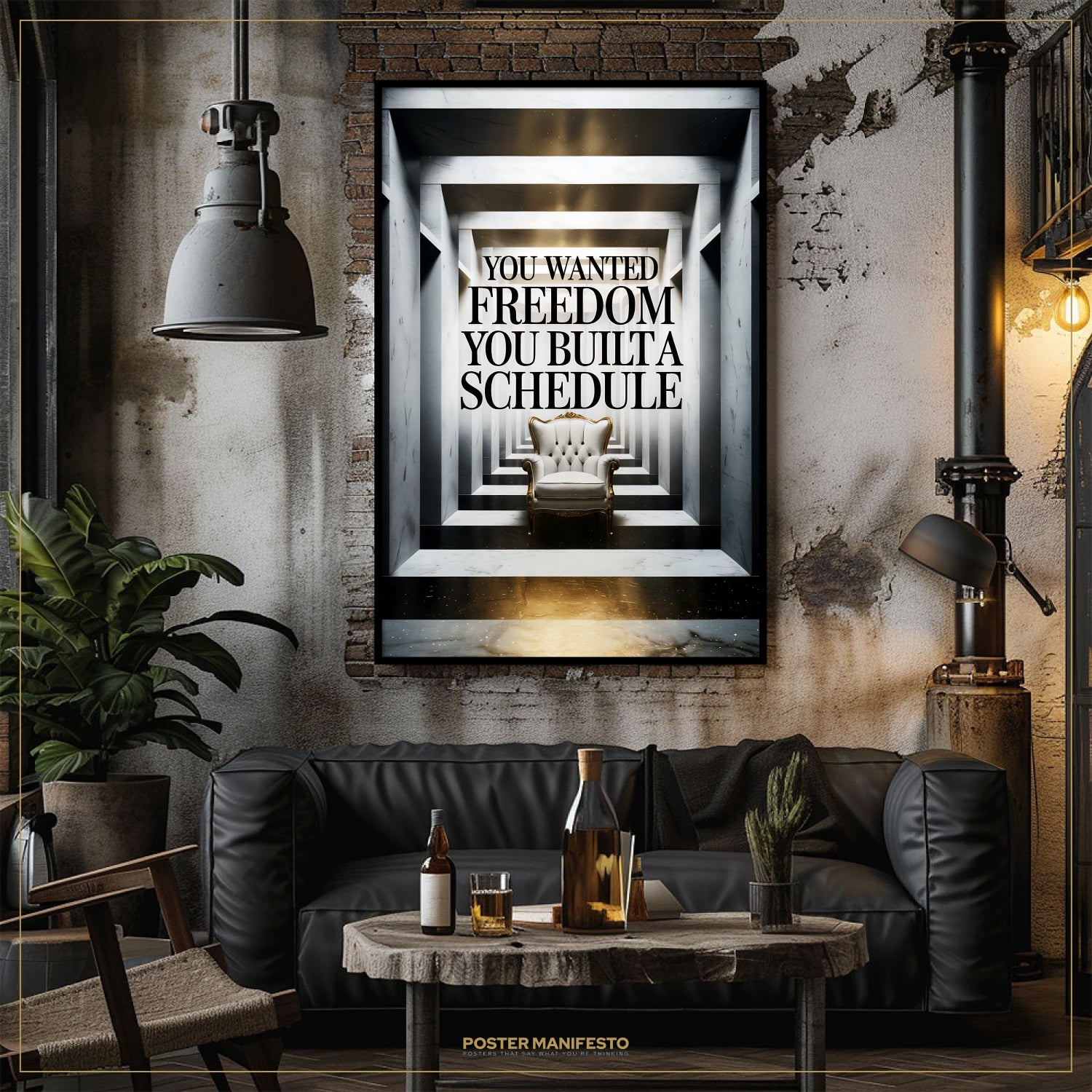 Modern living room with a black leather sofa, wooden coffee table, and a motivational poster on the wall.