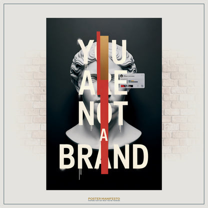 Striking wall art combining classical sculpture with bold modern typography and digital interface elements to critique branding culture.