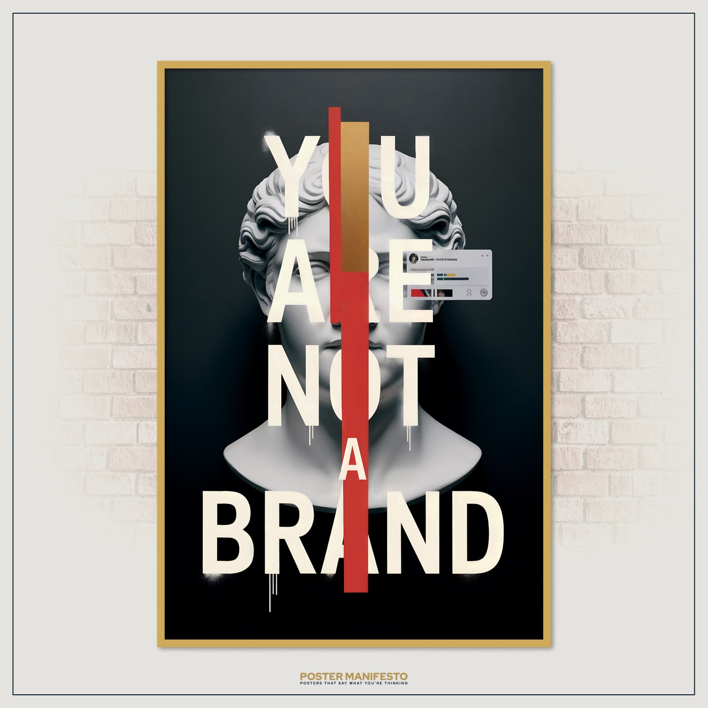 Contemporary design poster featuring a marble bust partially obscured by vertical color blocks and large text challenging the idea of personal branding.