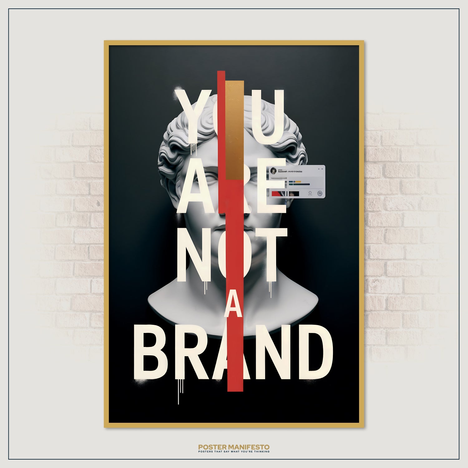 Contemporary design poster featuring a marble bust partially obscured by vertical color blocks and large text challenging the idea of personal branding.
