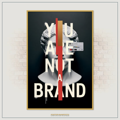 Contemporary design poster featuring a marble bust partially obscured by vertical color blocks and large text challenging the idea of personal branding.