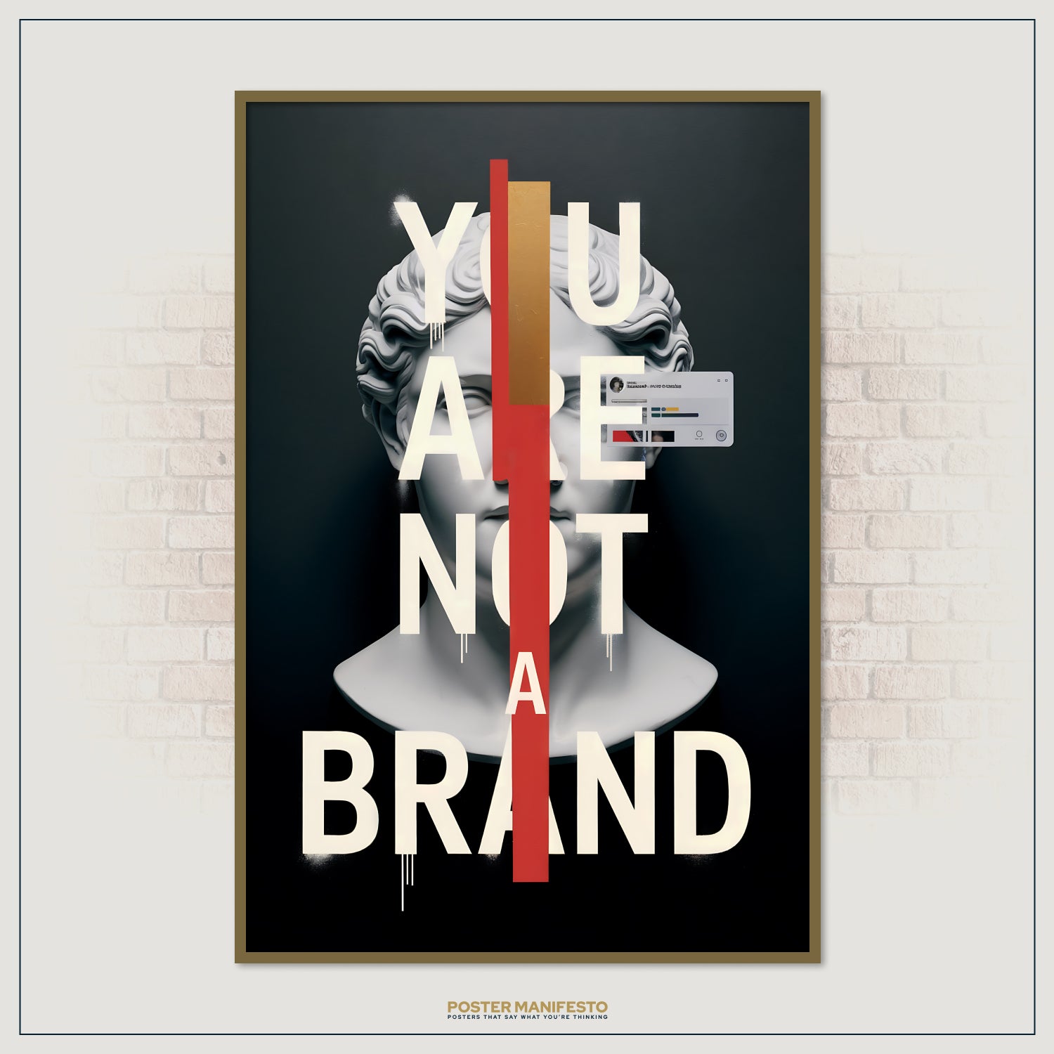 Conceptual identity-themed artwork of a statue head overlaid with modern graphics, typography, and a subtle social media reference.