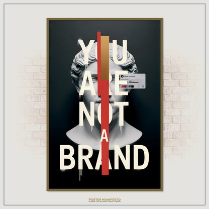 Conceptual identity-themed artwork of a statue head overlaid with modern graphics, typography, and a subtle social media reference.