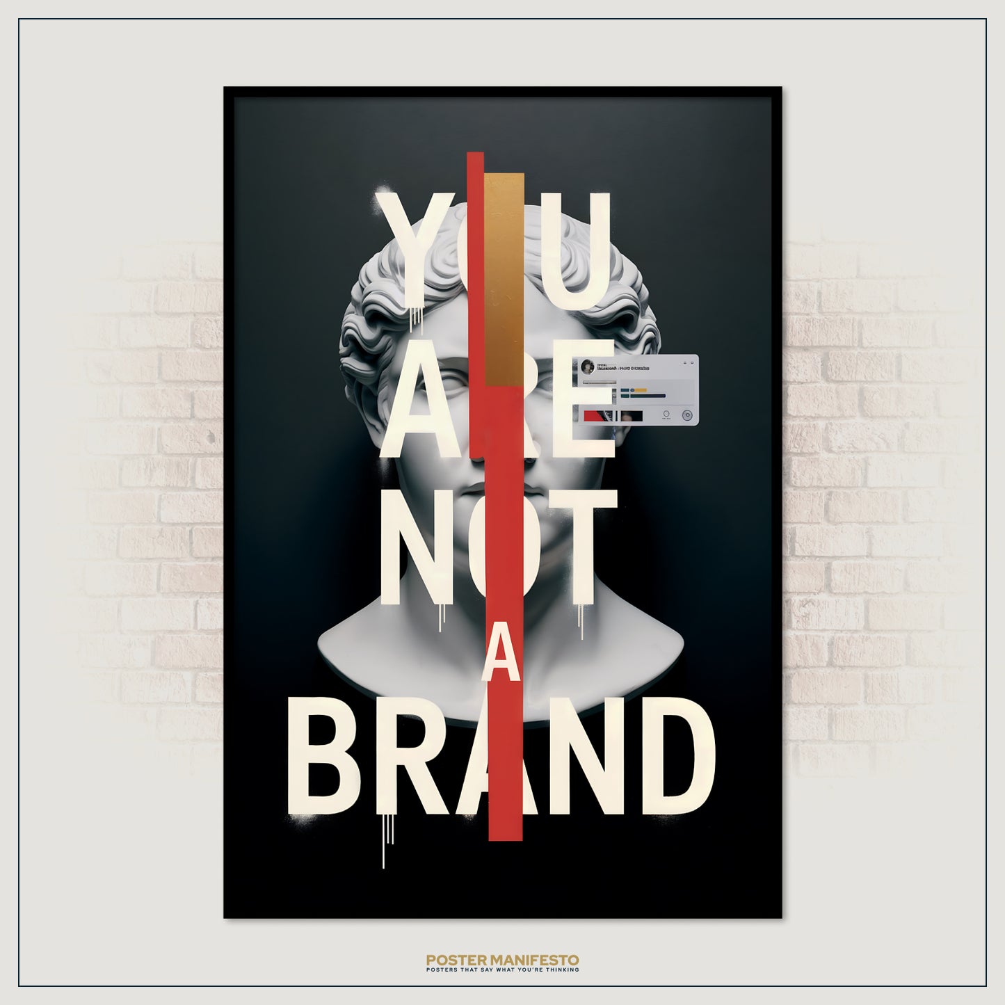 Poster with a classical statue head and text on a brick wall background