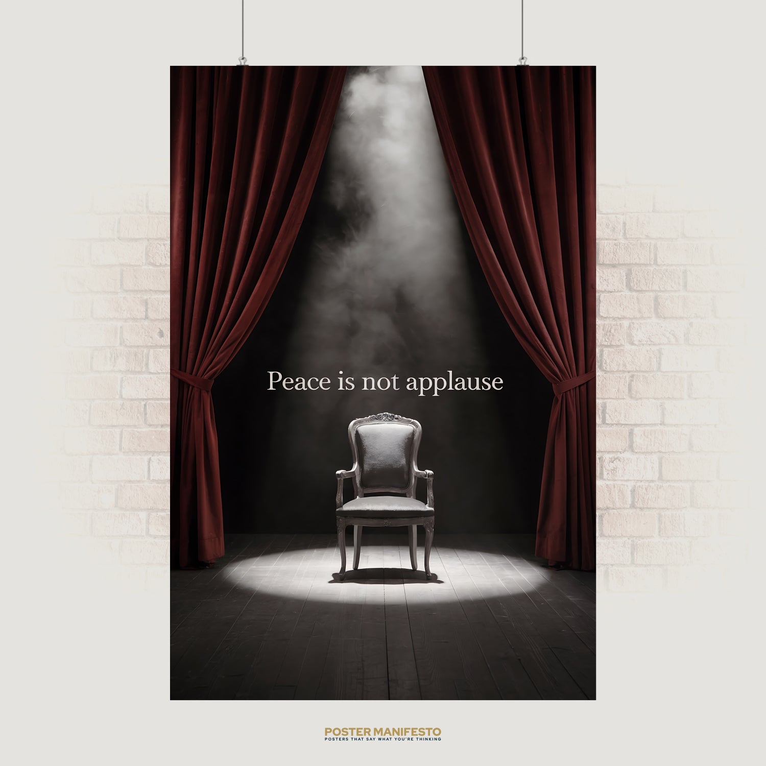 Minimalist poster of an ornate chair under a spotlight between deep red curtains, with the phrase “Peace is not applause” in white text.