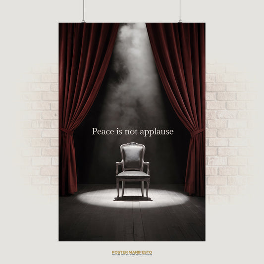 Minimalist poster of an ornate chair under a spotlight between deep red curtains, with the phrase “Peace is not applause” in white text.