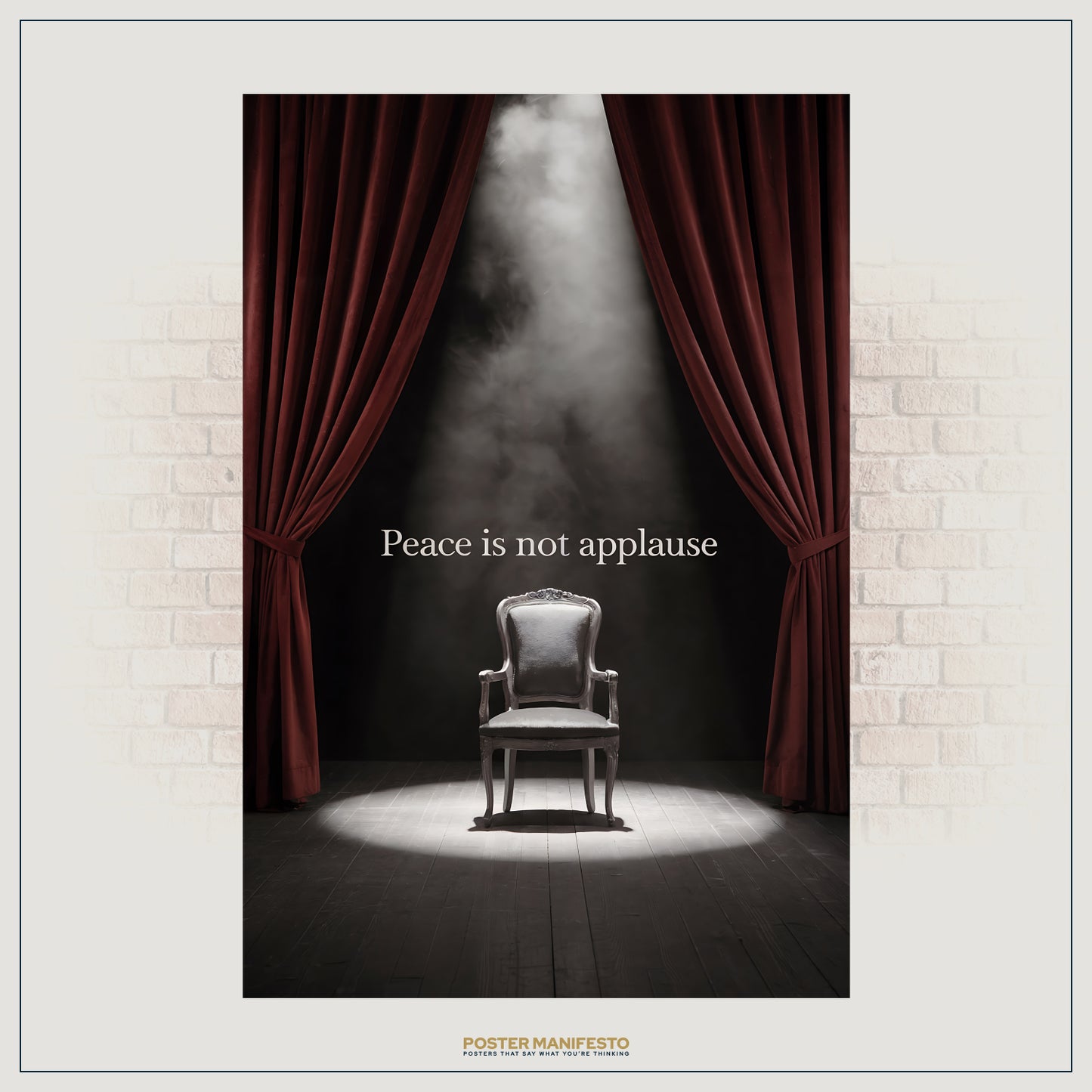 Elegant wall art showing a single stage chair centered beneath theater lights, framed by velvet curtains, paired with a quiet philosophical statement.