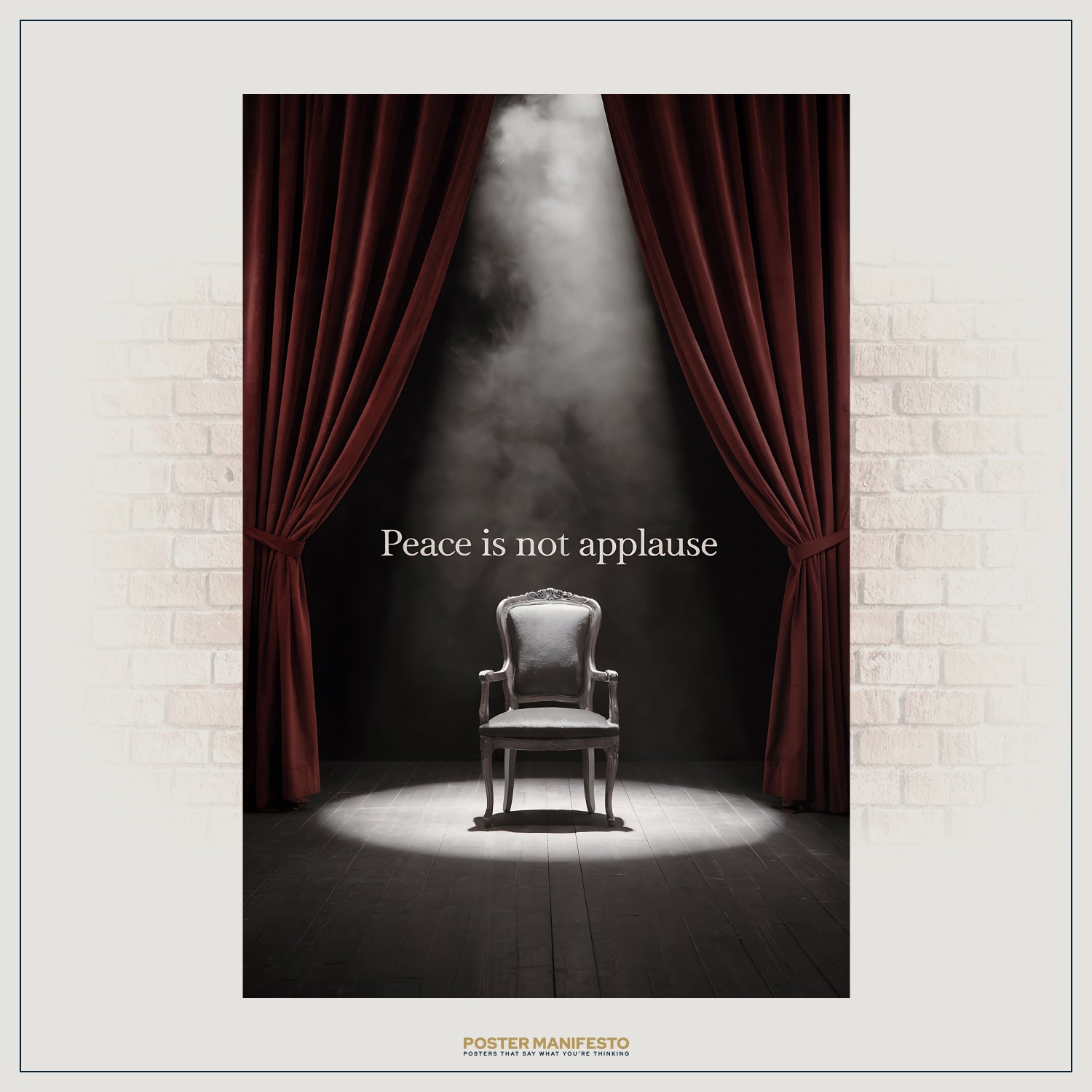 Elegant wall art showing a single stage chair centered beneath theater lights, framed by velvet curtains, paired with a quiet philosophical statement.