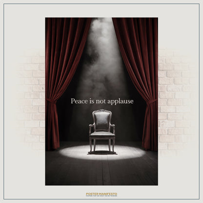 Elegant wall art showing a single stage chair centered beneath theater lights, framed by velvet curtains, paired with a quiet philosophical statement.